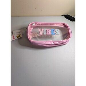 Pink Clear Plastic Zipper Makeup Bag Cosmetic Case w/ "VIBES" Patch